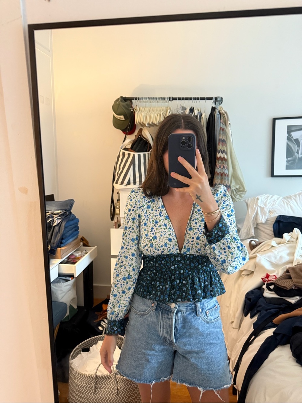 Zara Blue and Green Floral Peplum Blouse